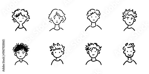 Various Hairstyles And Facial Expressions In Hand Drawn Style Set. Diverse Haircuts And Emotions Doodle Sketch Collection. Character Design Elements. Isolated Vector Illustration