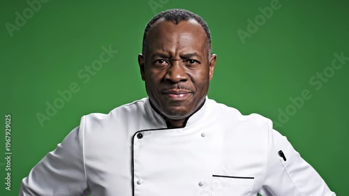 Smiling chef in white uniform with closed eyes on vibrant green background