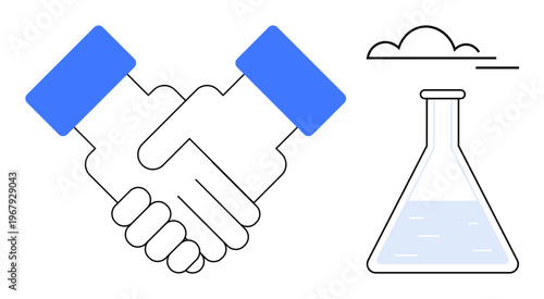 Business collaboration, scientific discovery, teamwork, innovation, corporate responsibility, research and development. Two hands shaking and a lab flask. Business collaboration and scientific