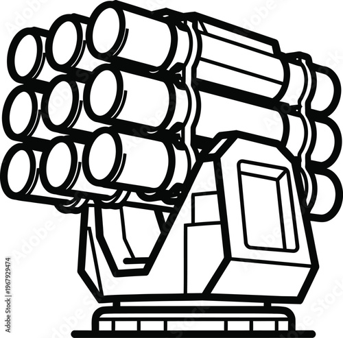 Black and white of a multiple rocket launcher military artillery missile