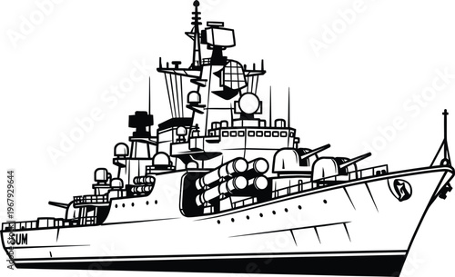 Black and white of a warship with multiple guns and missile launchers battleship
