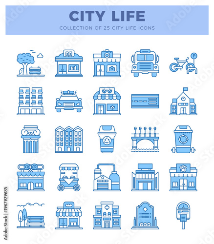 city life icons featuring buildings. transportation. and urban elements in a blue and white linear style.