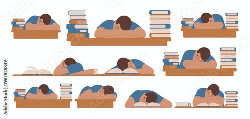 Sleeping student on books, vector illustration of a tired student resting head on stacked books with crossed arms, perfect for education, study, and school-themed design projects.