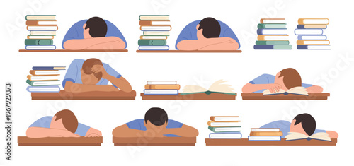 Student napping on textbooks vector, cartoon-style illustration showing a learner asleep over books, suitable for academic, library, and learning-related graphics.