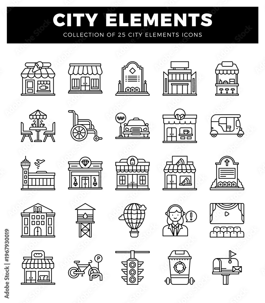 Naklejka premium black and white line art city elements and icons on a white background