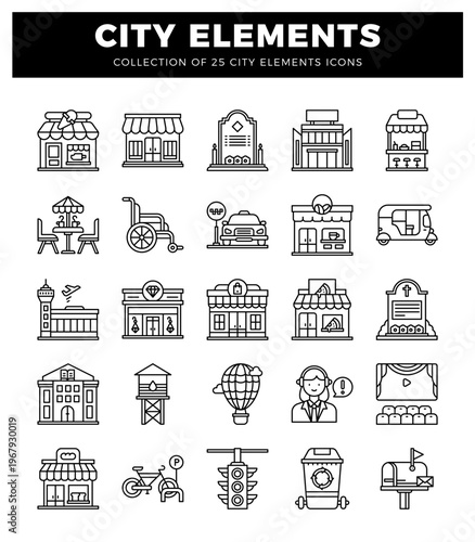 black and white line art city elements and icons on a white background