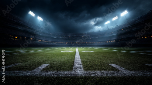A football field is illuminated by bright stadium lights on a cloudy night for an evening game or practice session