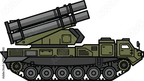 Green military rocket launcher vehicle with multiple tracks missile army