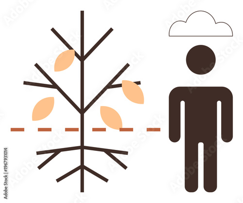 Environmental awareness, climate change, sustainability, nature conservation, human impact, ecological balance. A tree shedding leaves beside a human figure under a cloud. Environmental awareness
