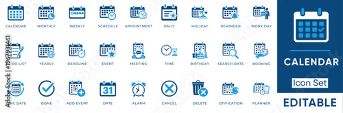 Editable calendar and time management vector icon set featuring schedule, appointment, deadline, meeting, planner, and reminder symbols.