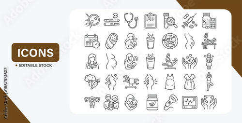 Pregnancy and maternity healthcare line icon set with doctor, baby, and pediatric clinic symbols