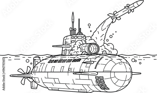 Submarine launching missile from ocean surface line