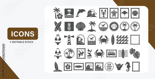 Beach and ocean travel stamp icon set with tropical surf, marine life, and coastal elements