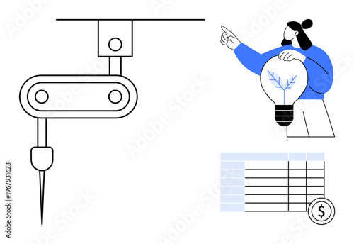 Innovation, automation, technology, financial analytics, creative solutions, smart manufacturing. A robotic arm, a person with a lightbulb a financial table with currency symbol. Innovation