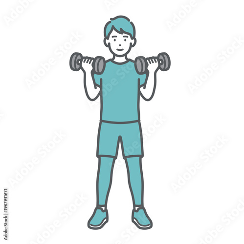 笑顔でダンベルトレーニング（筋トレ）をする男性のイラスト