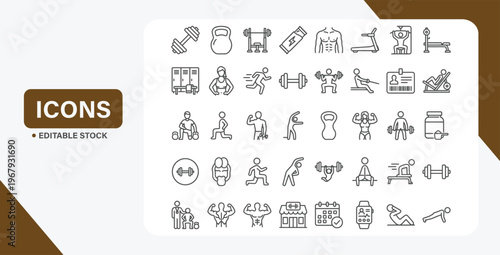 Fitness gym and strength training line icon set with workout equipment and exercise symbols