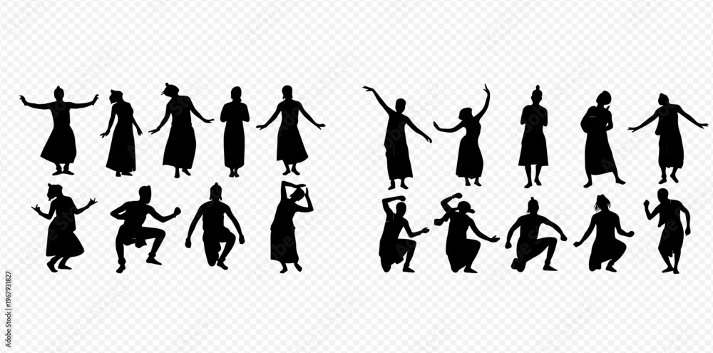 Obraz premium Set of diverse women silhouettes in various traditional dance poses, capturing cultural movement and grace.