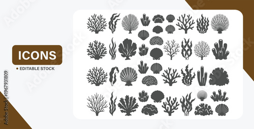 Coral reef and seaweed silhouette icons set, marine underwater ocean aquatic plants collection on transparent background
