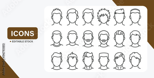 set of black line male avatar icons different hairstyles and facial hair on transparent background