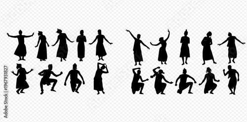 Set of diverse women silhouettes in various traditional dance poses, capturing cultural movement and grace.