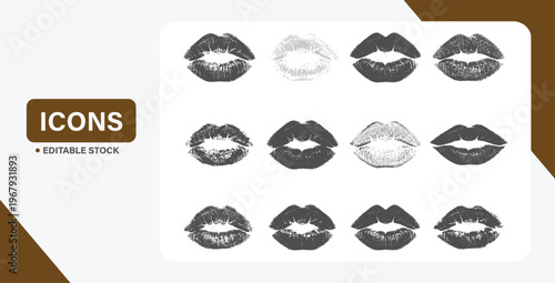Black and white lipstick kiss mark set, grunge textured lip imprint collection isolated on transparent background