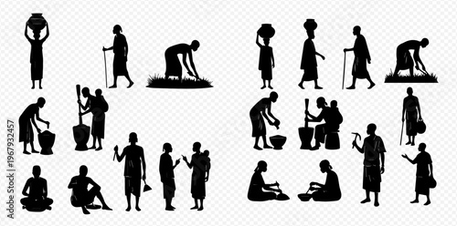 Set of African people silhouettes depicting various daily activities and traditional life.