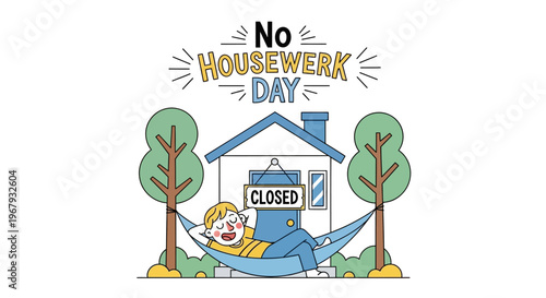 Illustration of a relaxed man in a hammock with a 'Closed' sign on the house, celebrating No Housework Day with a carefree and peaceful atmosphere.