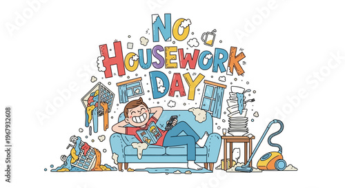 A cheerful cartoon man relaxes on a couch surrounded by household chores and appliances on No Housework Day with a carefree and joyful mood.