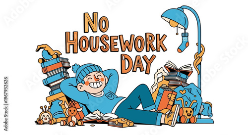 Cartoon illustration of a cheerful man in casual clothes lounging on the floor surrounded by household chores and objects on No Housework Day with a carefree and relaxed mood.