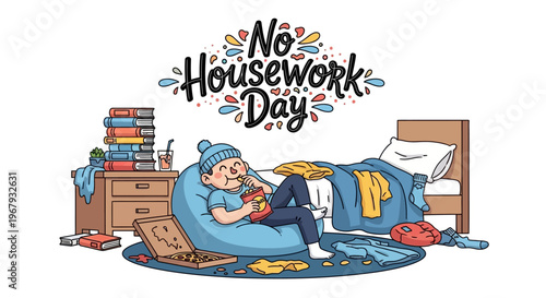 Illustration of a man relaxing on a bean bag chair in a messy bedroom on No Housework Day with a carefree expression.