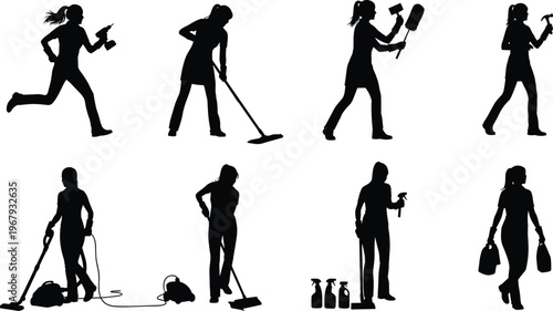 Collection of black female silhouettes performing various cleaning and housekeeping tasks with vacuum cleaner mop and spray bottles isolated white