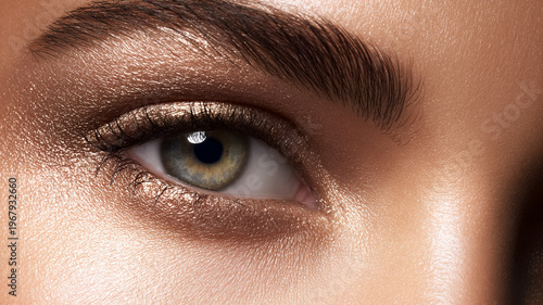 Female eye with shimmer bronze eyeshadow and bold groomed eyebrow, showcasing beauty, cosmetics, and makeup look