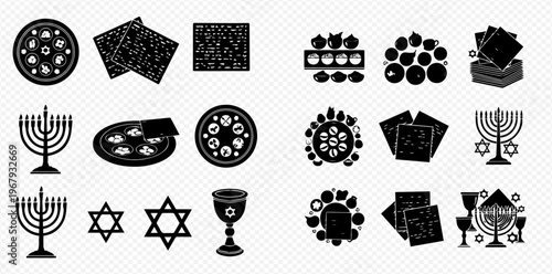 Set of Jewish holiday symbols including menorah, Star of David, matzah, and Seder plate icons.