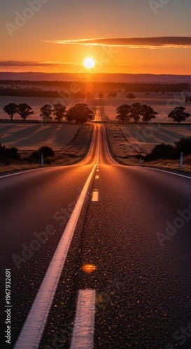 A pixelated image of a road at sunset