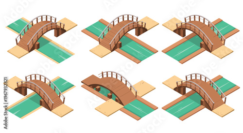 Wooden bridge over stream isometric set, vector illustrations showing small and medium wooden bridges crossing flowing water, perfect for maps, game design, and outdoor scenery projects.