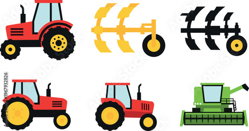 Agricultural machinery vector illustration set with tractors, plow, cultivator, harvester, farming equipment, rural technology, modern agriculture tools and vehicles