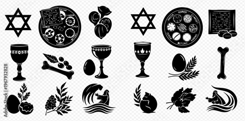 Passover Seder plate and Jewish holiday symbols, including Star of David, matzah, wine, and eggs, in a collection of black silhouette icons.