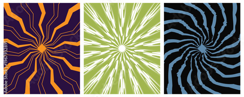 Abstract Radial Burst Spiral Background Set, Dynamic Sunburst Wave Patterns Vector, Modern Geometric Energy Lines, Vibrant Optical Motion Design Collection