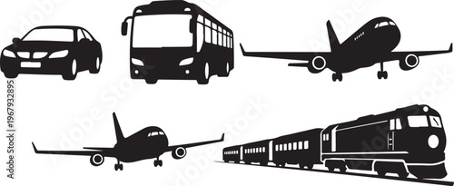 Transportation modes in black silhouette on white background