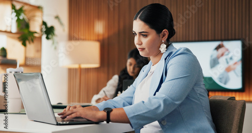 Obraz na plátně Business, woman and typing on laptop in office for income report, market research or client email