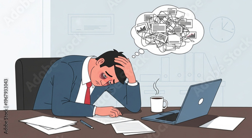 Exhausted businessman suffering from burnout and stress at the office desk.