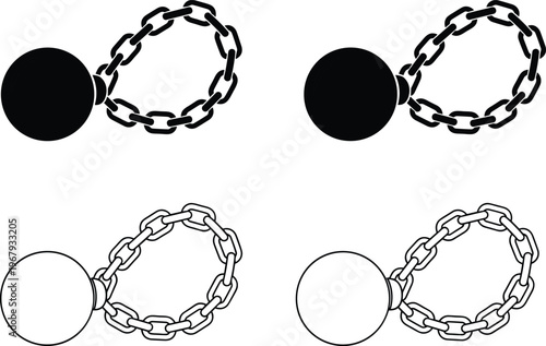 Silhouettes of ball and chain designs in solid and outline styles, symbolizing imprisonment, restraint, burden, and confinement concepts
