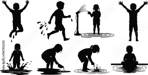 Silhouettes of children playing with water, splashing, running, jumping, and interacting outdoors, symbolizing joy, playfulness, and summer activities