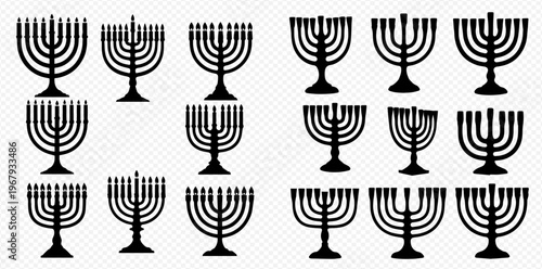 Collection of black menorah icons, a traditional Jewish candelabrum symbol for Hanukkah celebration.