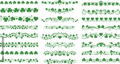 Collection of green shamrock and heart decorative borders and clover
