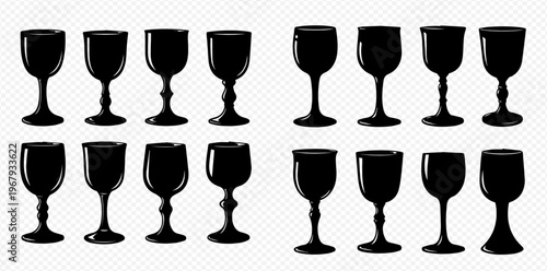 Collection of various black silhouette wine glasses and goblets, elegant drinkware for beverages and celebrations, vector illustration set.