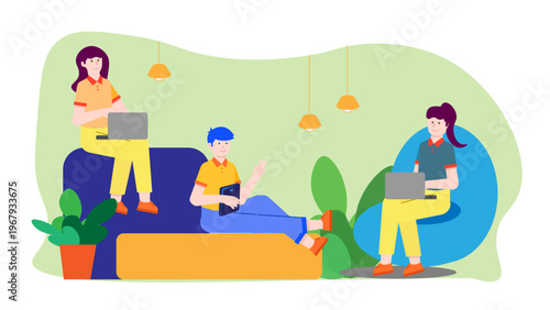 Colleagues relaxing and working on laptops and tablets in a comfortable office break room