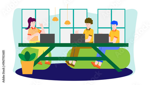 Three employees working on laptops at a long green table in a bright office interior