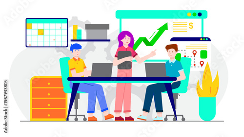 Group of professionals working at a shared desk with business growth charts and data in the background