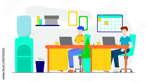 Employees working at their desks equipped with computers, coffee, and a water dispenser nearby